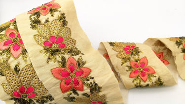 Beige Silk Fabric Trim, Peach, Pink & Gold Floral Embroidery Indian Sari Border Trim By Yard Decorative Trim Craft Lace